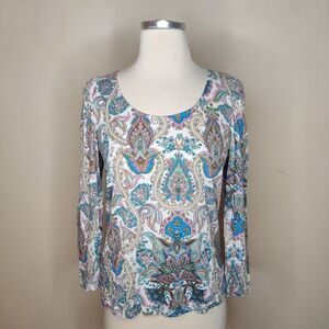 Ann Taylor Loft Paisley Top Puff Shoulder 3/4 Sleeve Cotton Modal
